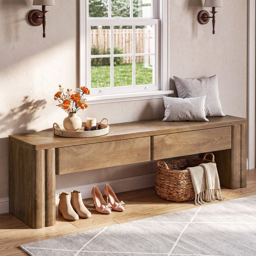 Oak bench by a window with baskets and shoes stored underneath