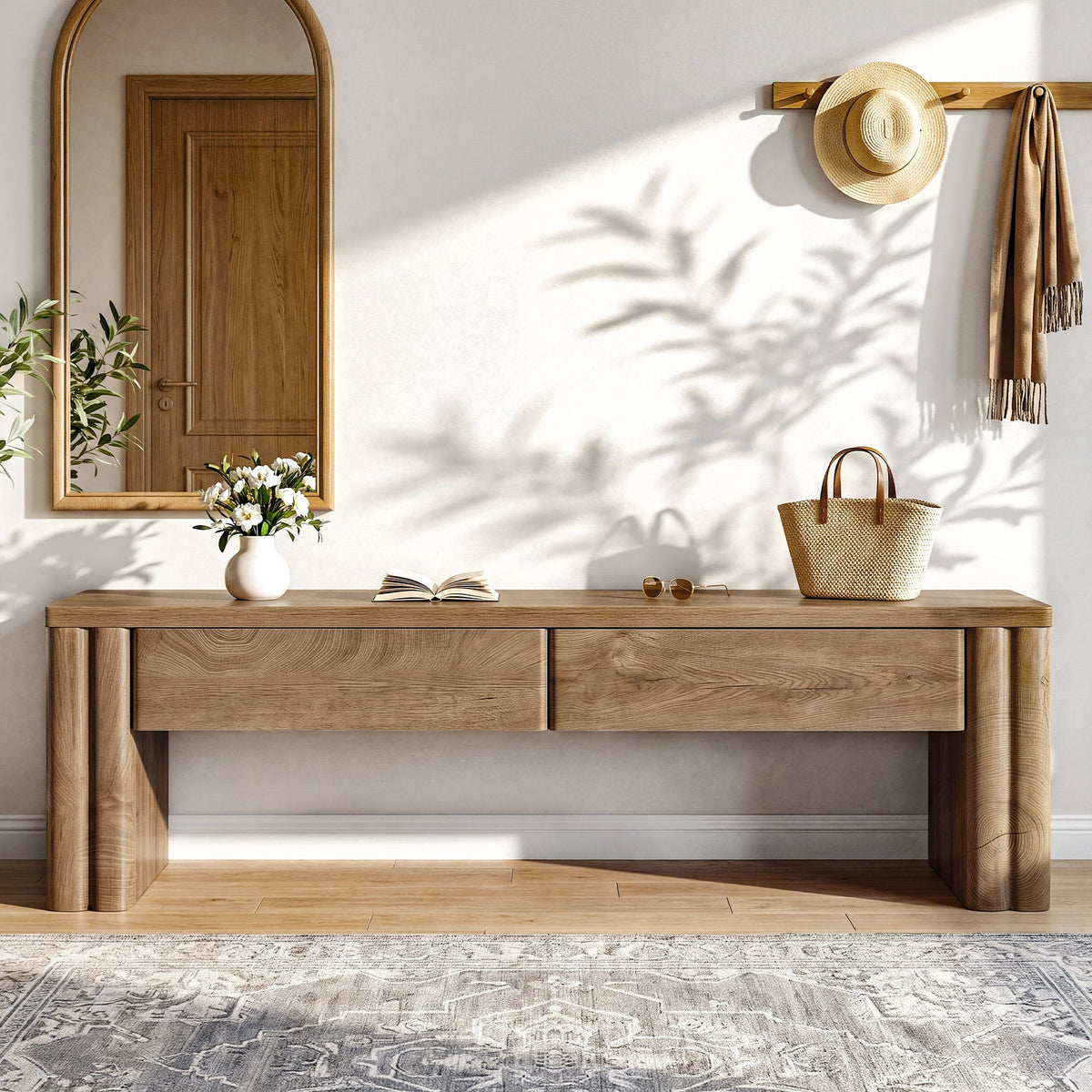 Storage bench in a hallway under a mirror with a bag on top