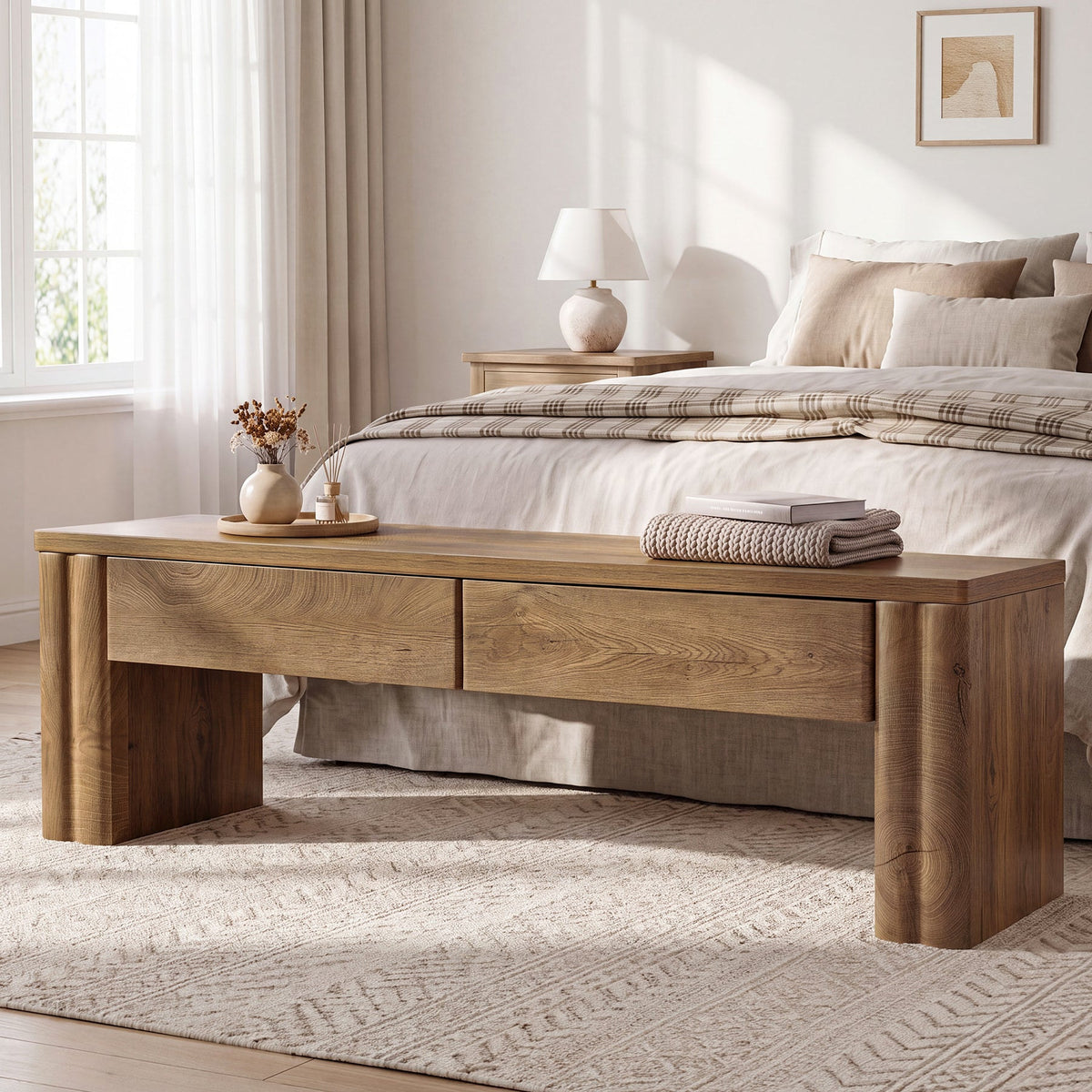 Oak bench at the foot of a bed with folded linen on top