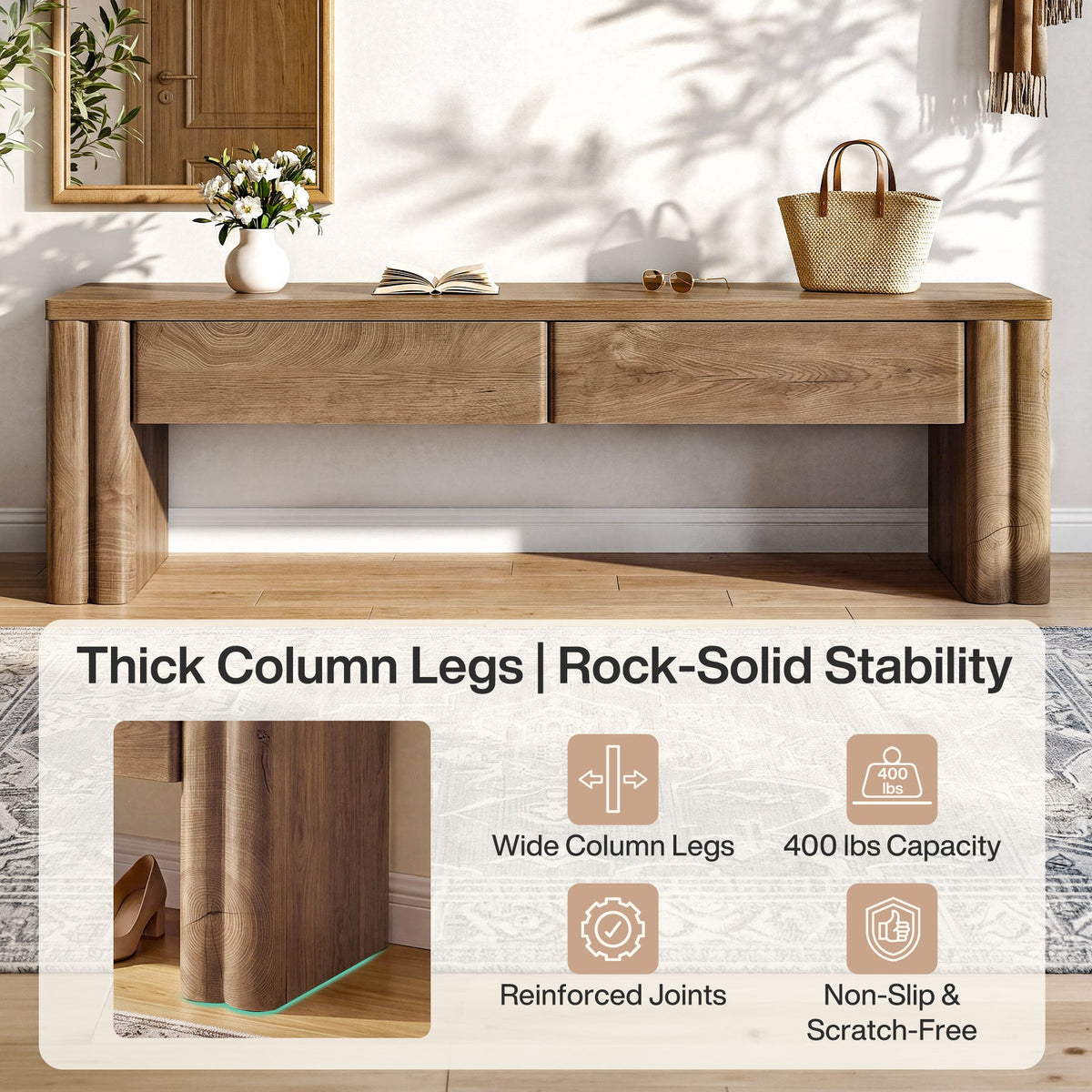 Thick column legs with 400 lb capacity, reinforced joints and non slip pads