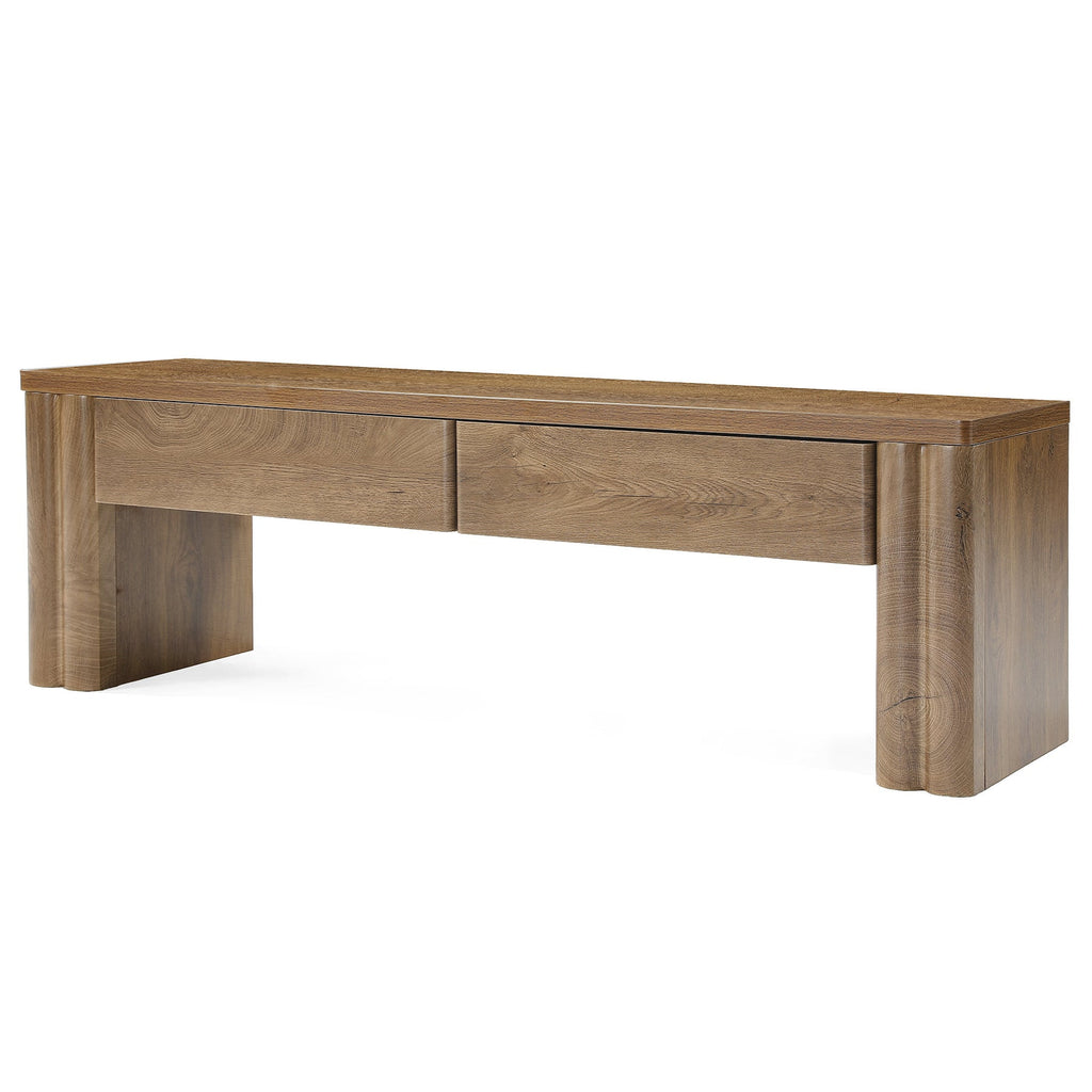 55 inch oak storage bench with two drawers on a plain background