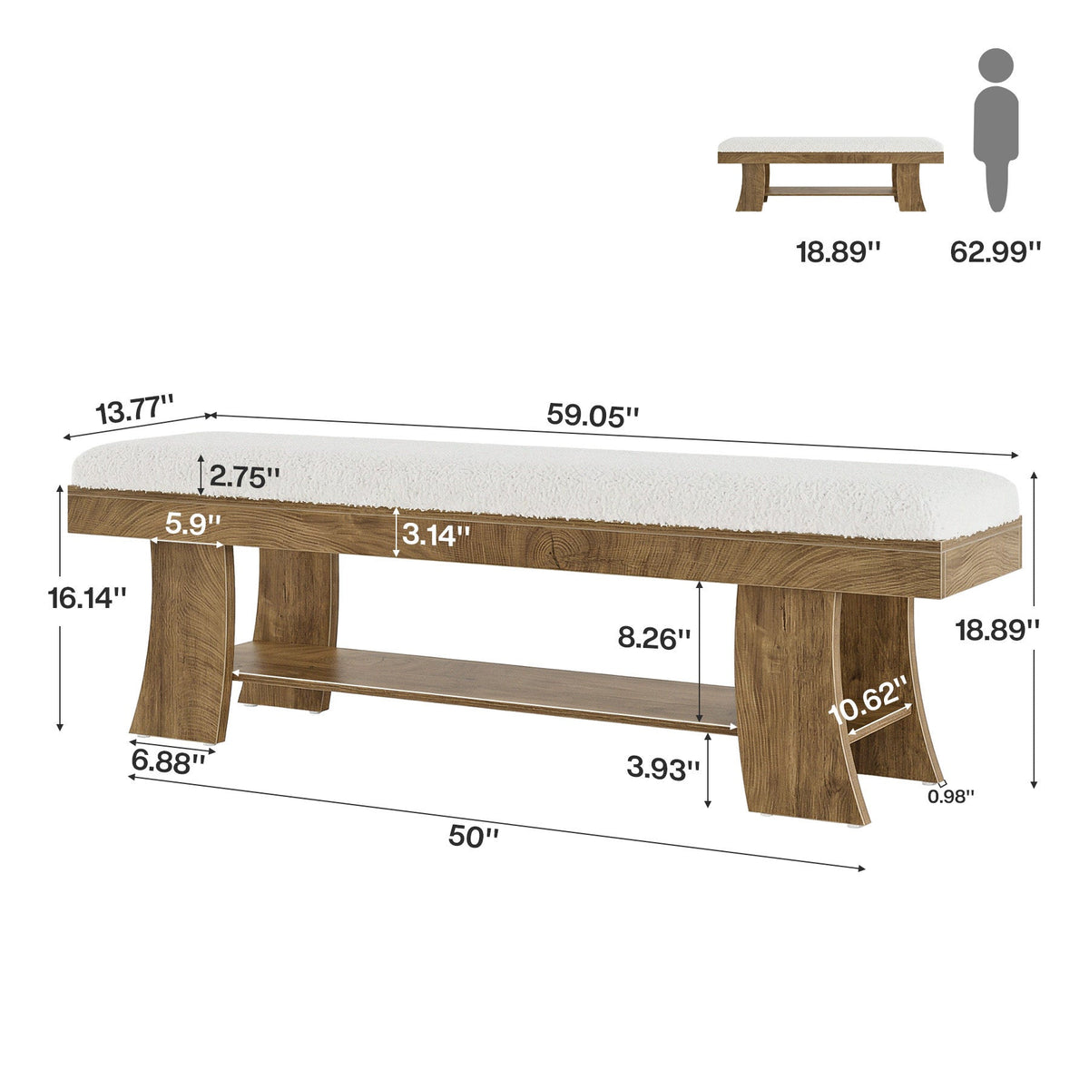 Dimension diagram: 59.05 in wide, 13.77 in deep, 18.89 in tall, 16.14 in seat height