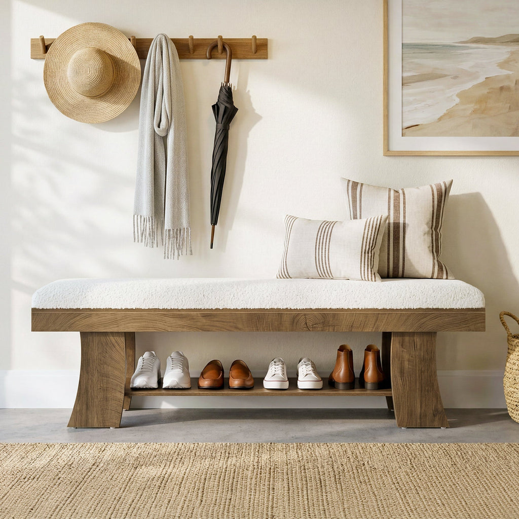 Entryway bench under a coat rail with shoes on the open shelf