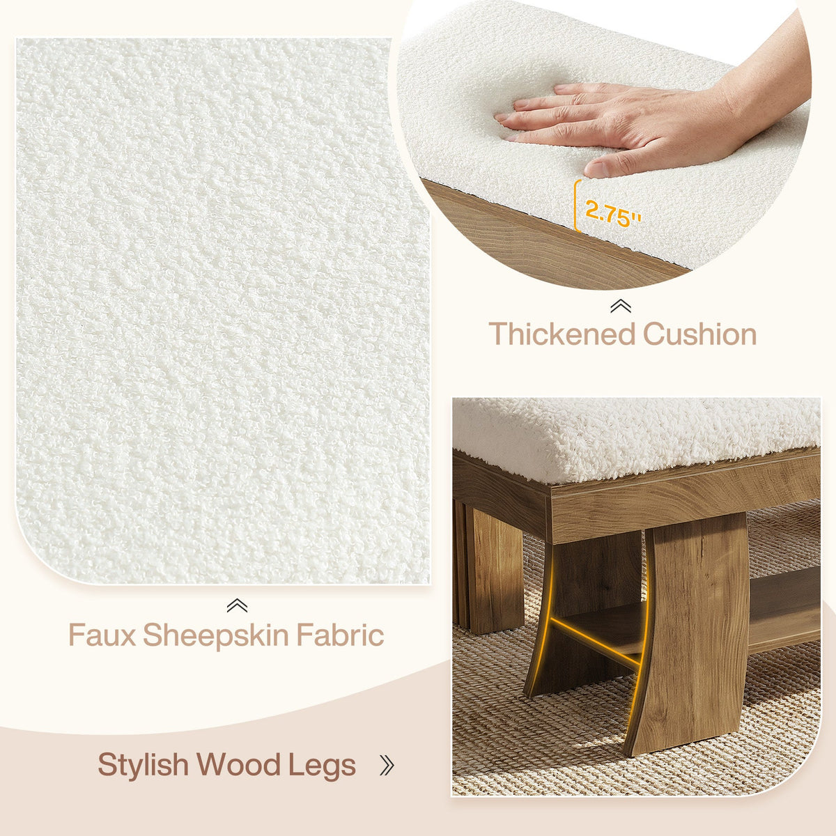 Detail composite: faux sheepskin fabric, 2.75 inch thickened cushion and wood legs