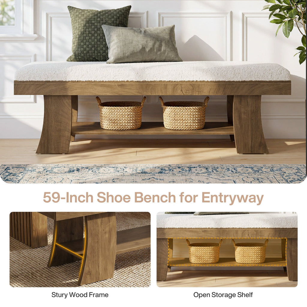 Detail: sturdy wood frame and open storage shelf of the 59 inch shoe bench