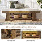 Detail: sturdy wood frame and open storage shelf of the 59 inch shoe bench