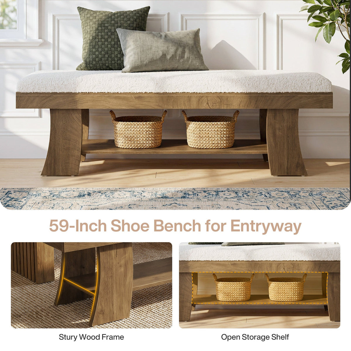 Detail: sturdy wood frame and open storage shelf of the 59 inch shoe bench
