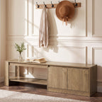 Stowena 63 inch shoe bench with cabinet under a coat rack in a panelled entry