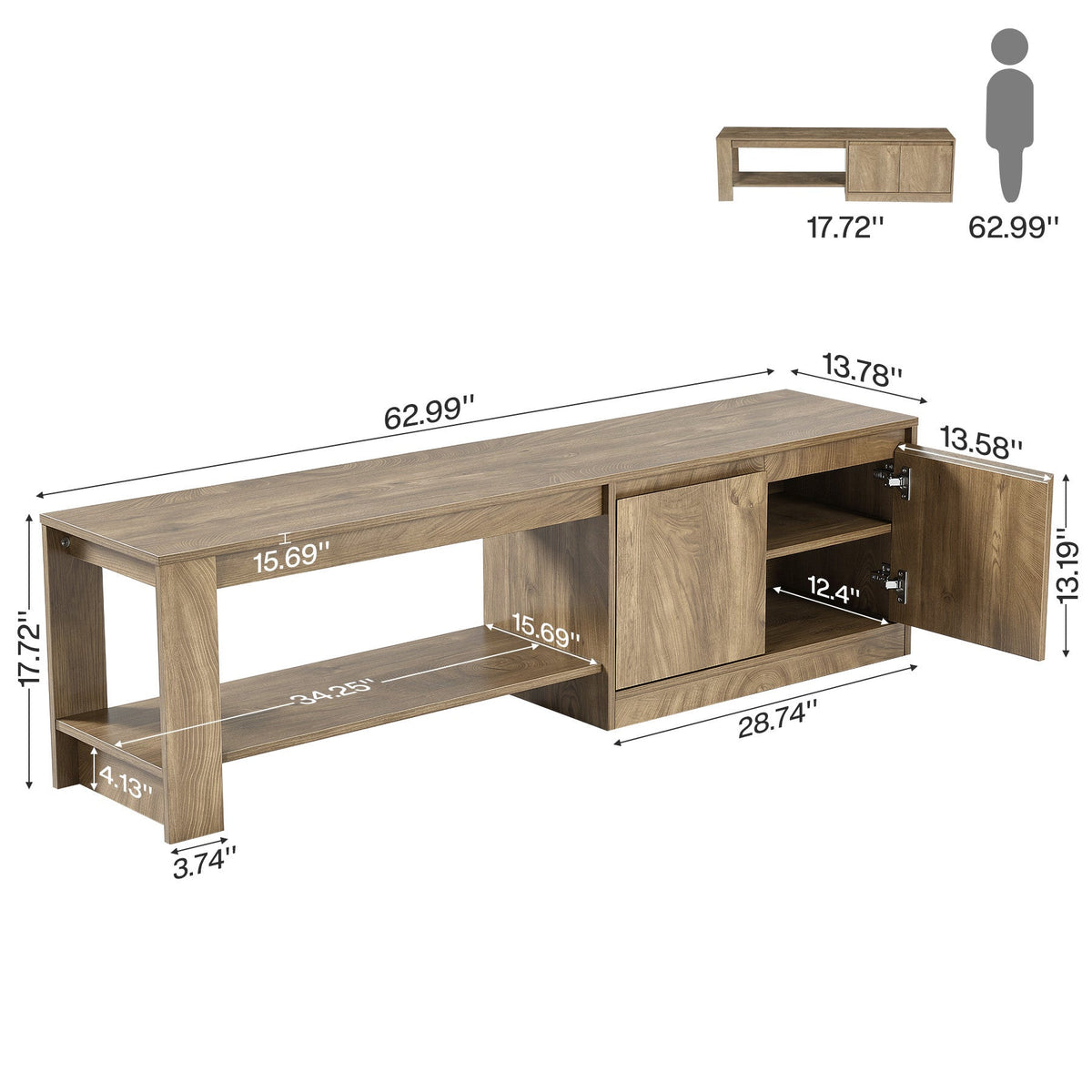 Dimension diagram: 62.99 x 13.78 x 17.72 in with 28.74 in open section