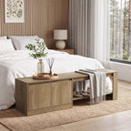 Bench at the foot of a bed with a tray and throw on the seat