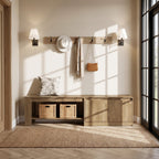 Entry nook with the bench holding baskets and a cushion under wall hooks