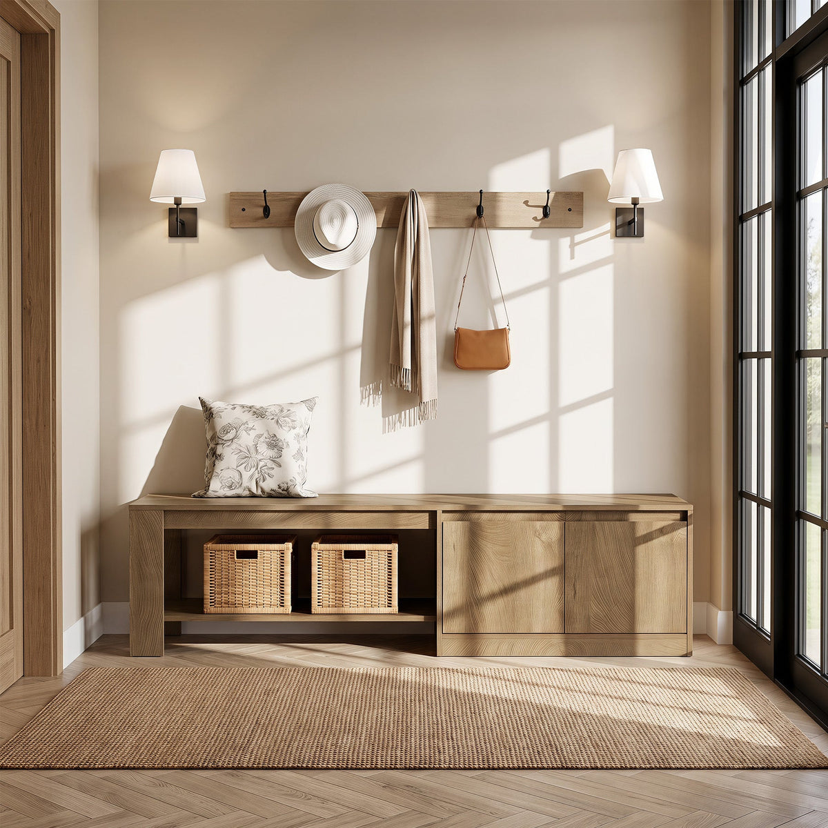 Entry nook with the bench holding baskets and a cushion under wall hooks