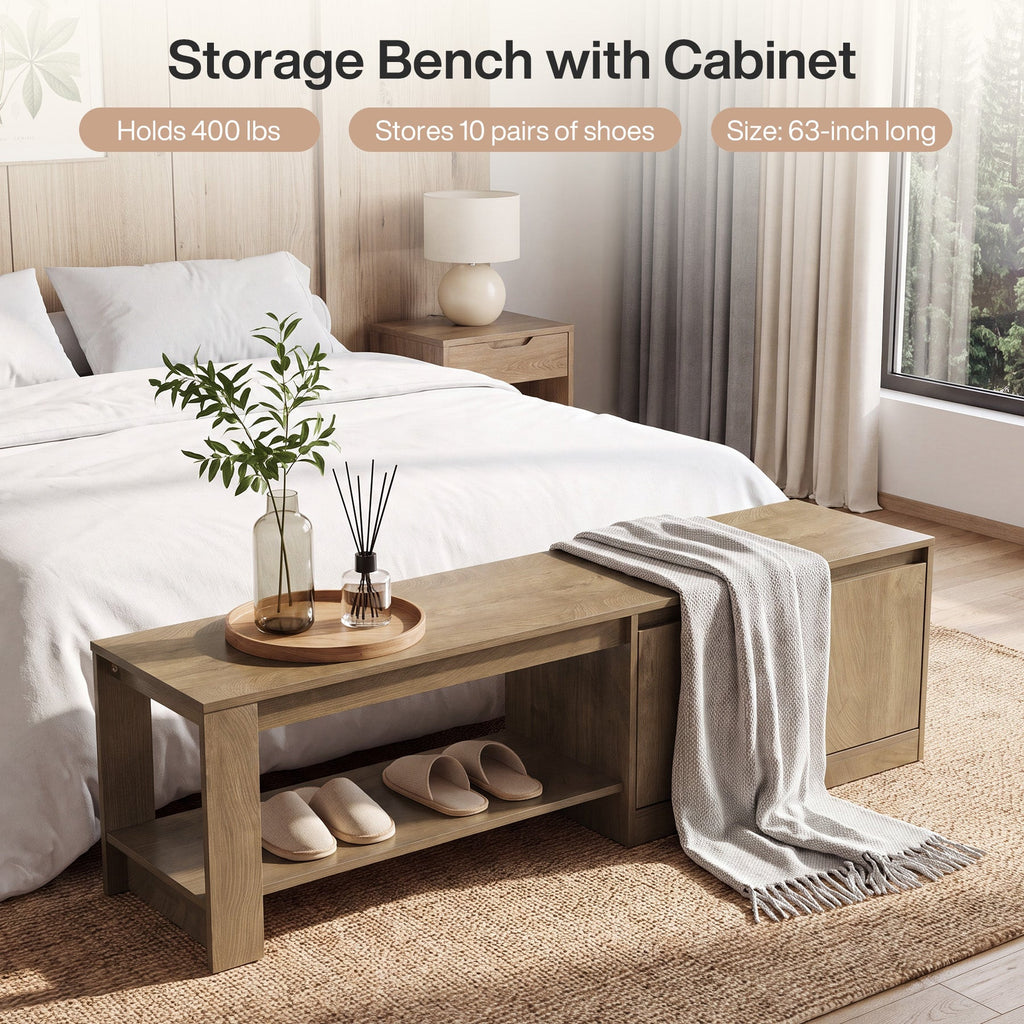 Storage bench chips: holds 400 lbs, stores 10 pairs of shoes, 63 inch long