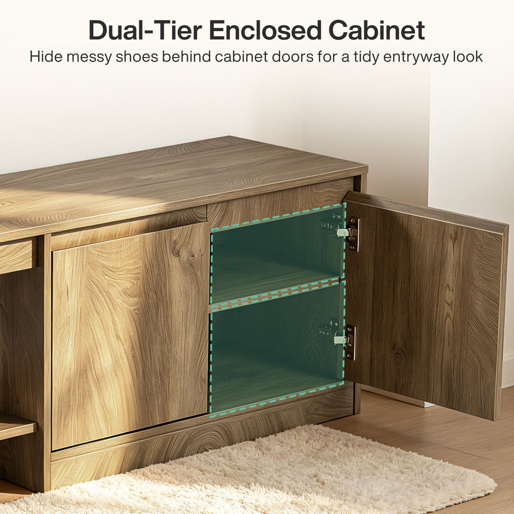 Dual tier enclosed cabinet with the door open showing hidden shoe storage
