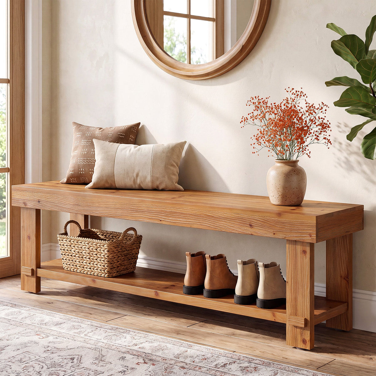 Stowena 63 inch solid wood entryway bench with pillows and shoes on the lower shelf