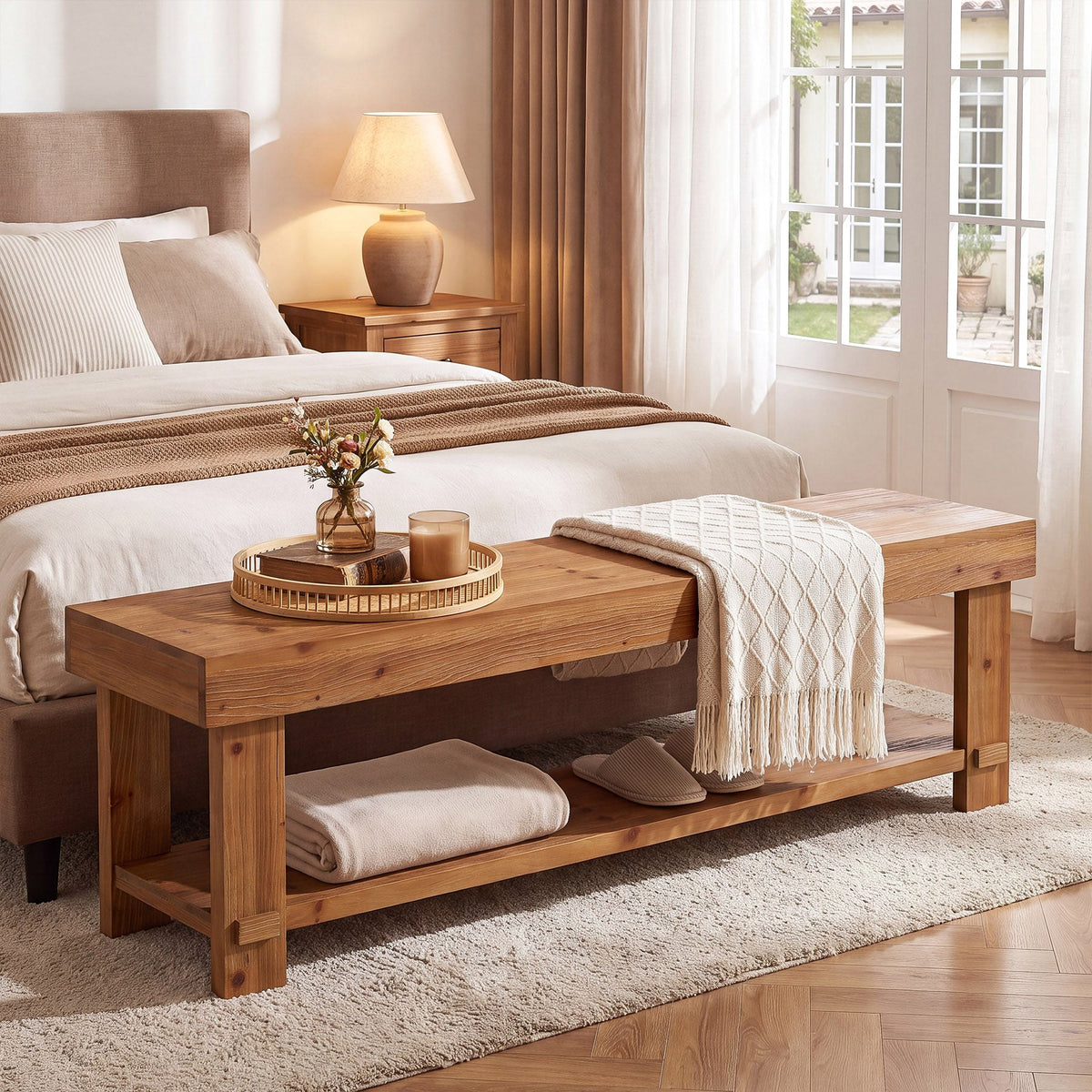 Solid wood bench at the foot of a bed holding a tray and throw