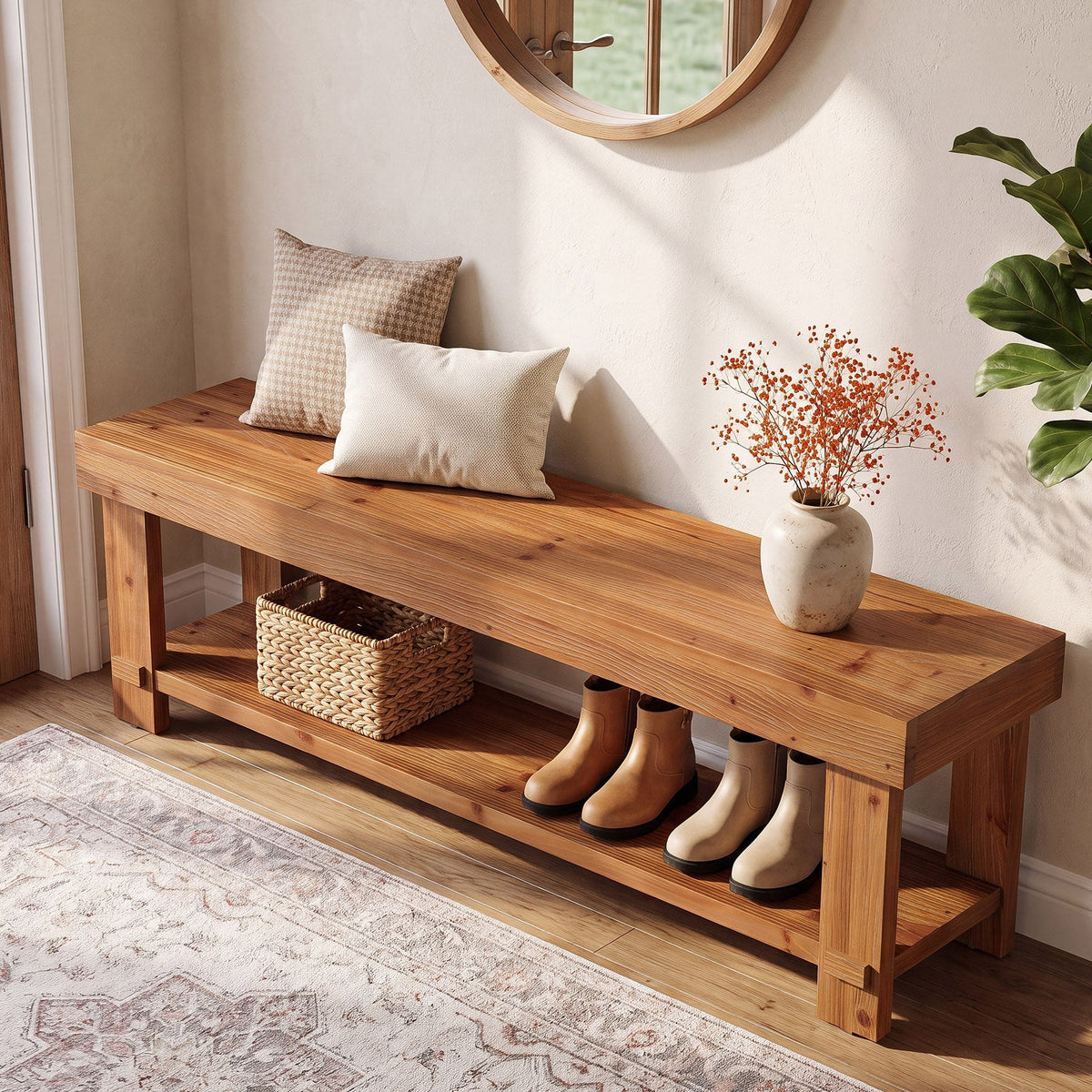 Wood bench with cushions and a basket under a round mirror
