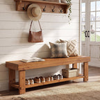 Entry wall with hats and bags above the bench and boots on its shelf