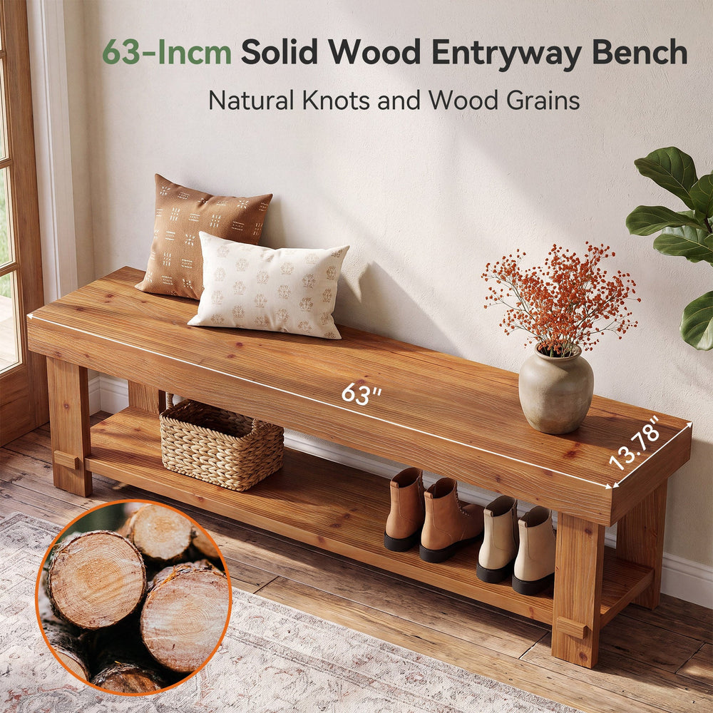 63 inch solid wood bench graphic showing natural knots and grain