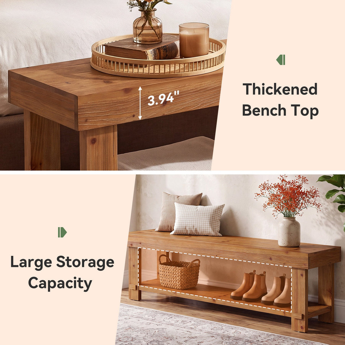 Thickened 3.94 inch bench top detail and full lower storage shelf