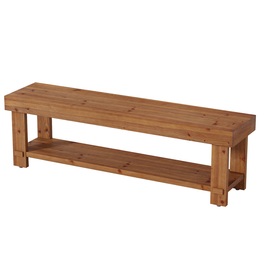 Solid wood two tier bench on a white background