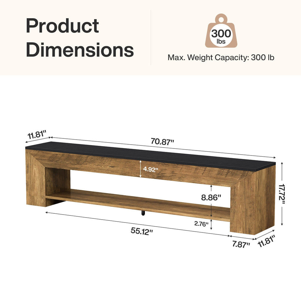 Dimension diagram: 70.87 in long, 11.81 in deep, 17.72 in tall with 55.12 in shelf and 300 lb max weight capacity