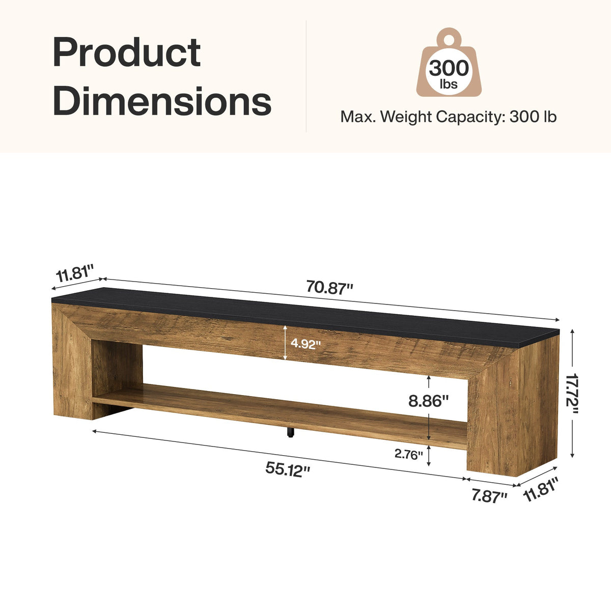 Dimension diagram: 70.87 in long, 11.81 in deep, 17.72 in tall with 55.12 in shelf and 300 lb max weight capacity