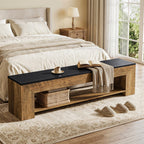 71 inch bench at the foot of a bed with a throw blanket and basket underneath