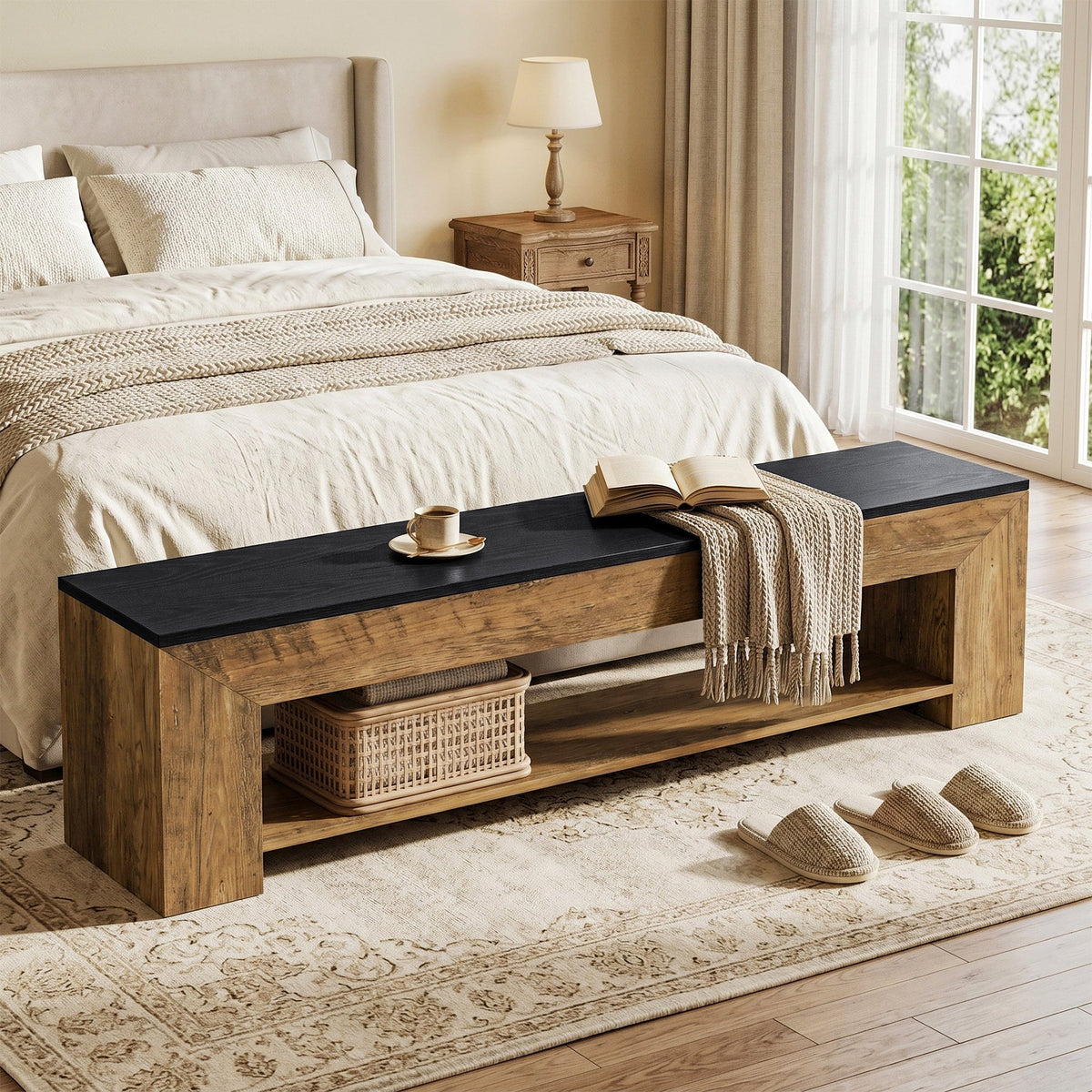 71 inch bench at the foot of a bed with a throw blanket and basket underneath