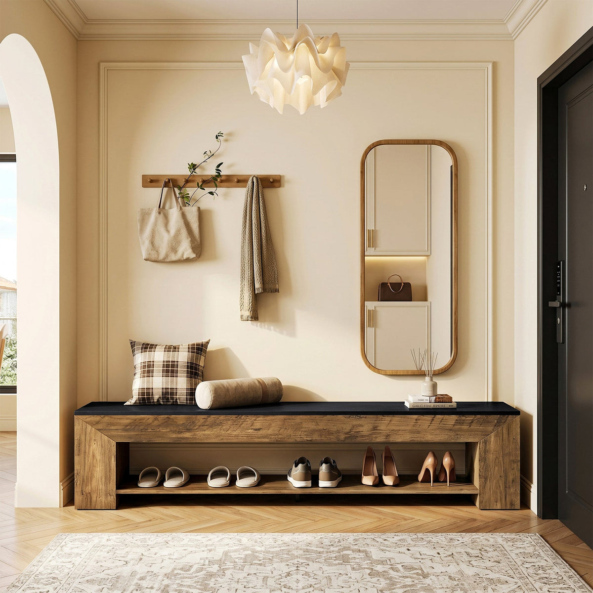 Two tone entryway bench with pillows and shoes in a bright hallway