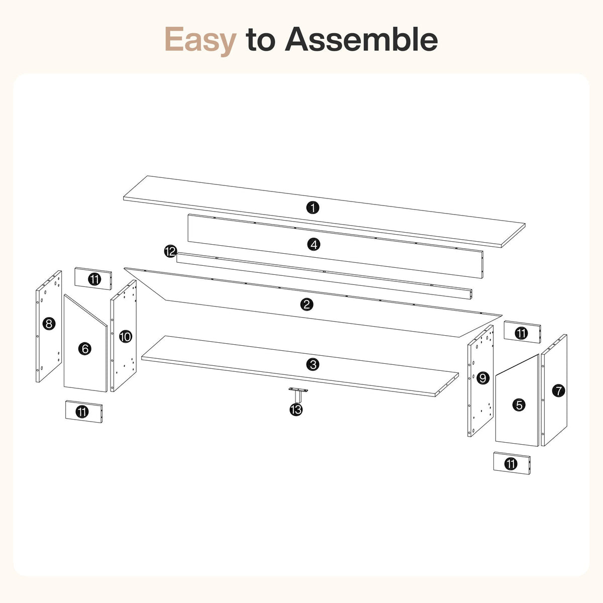 Assembly diagram of the 71 inch storage bench with numbered panels