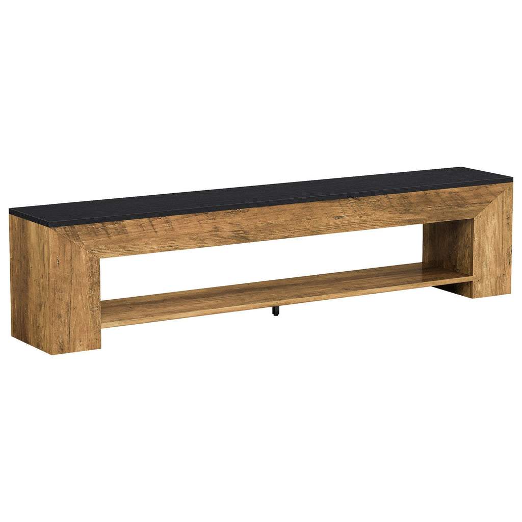 Rustic brown and black 71 inch shoe storage bench on a white background