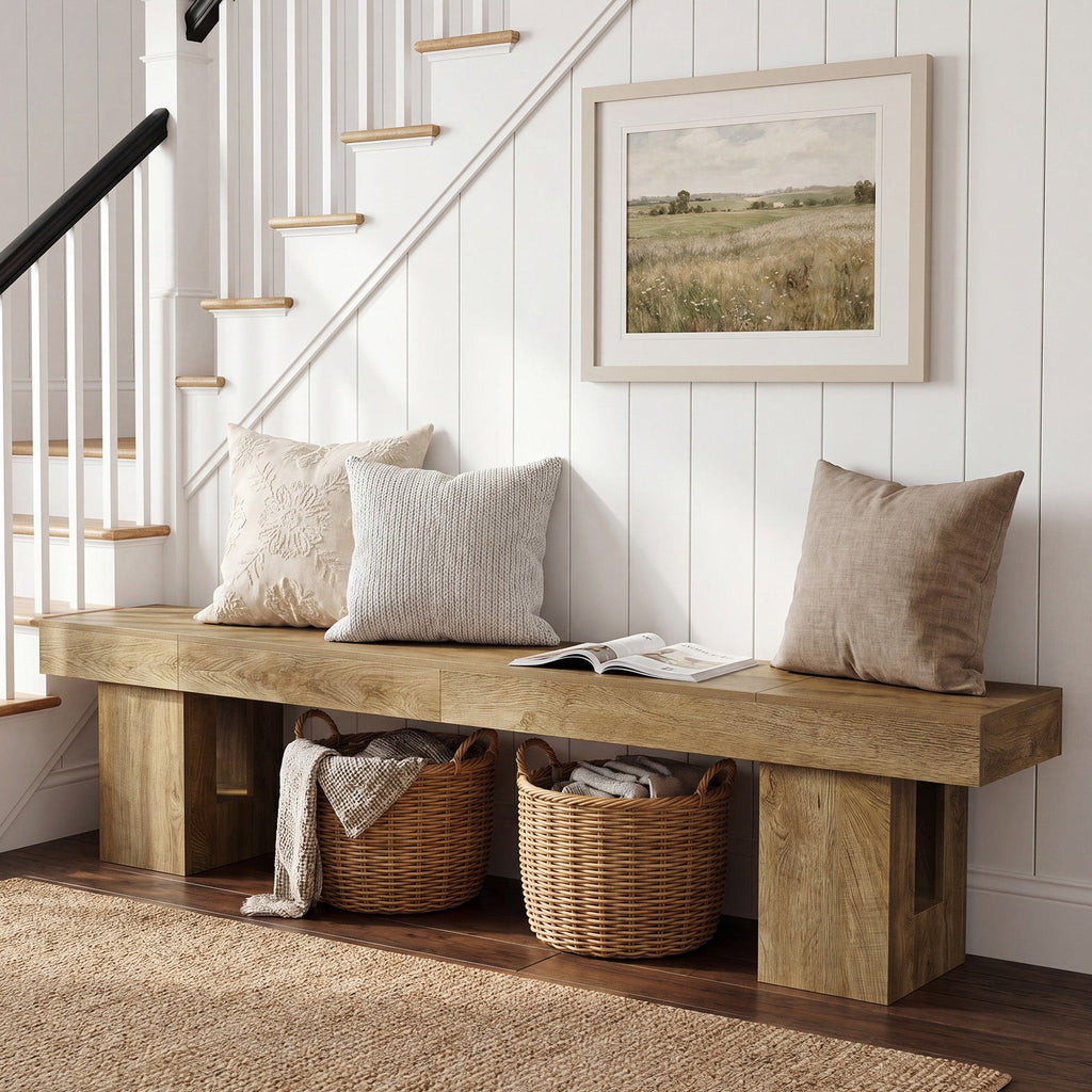 Stowena 83 inch oak entryway bench with baskets stored underneath by a staircase