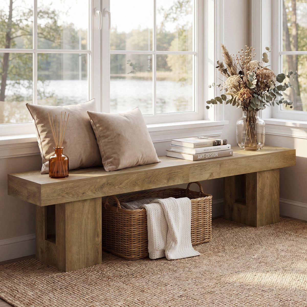 Long oak bench under a window with cushions and a basket beneath
