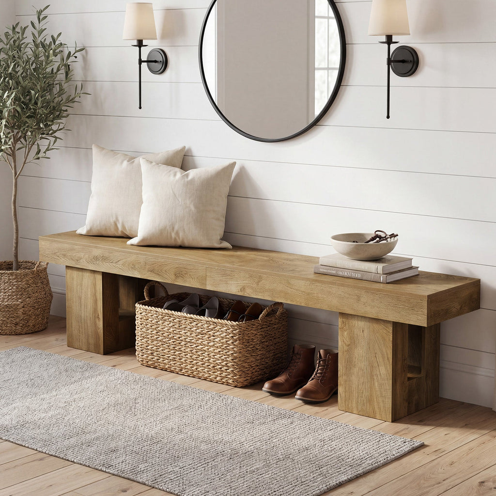 Oak entryway bench under a round mirror with boots stored below