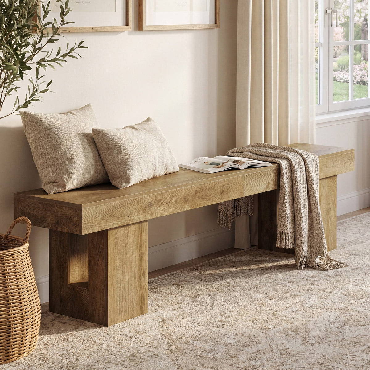 Extra long bench in a bright hallway with a throw over one end