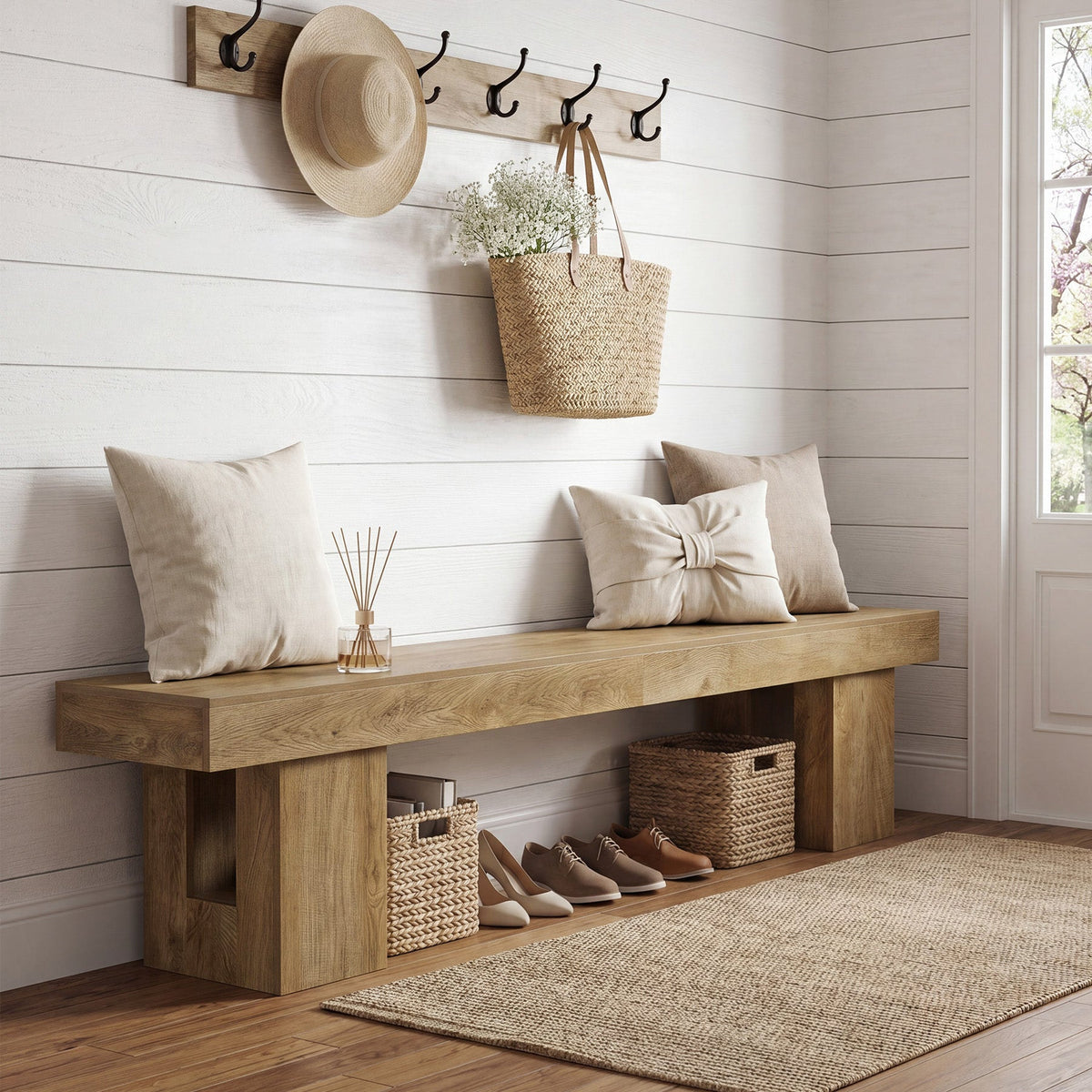 Oak bench below a row of wall hooks in a mudroom