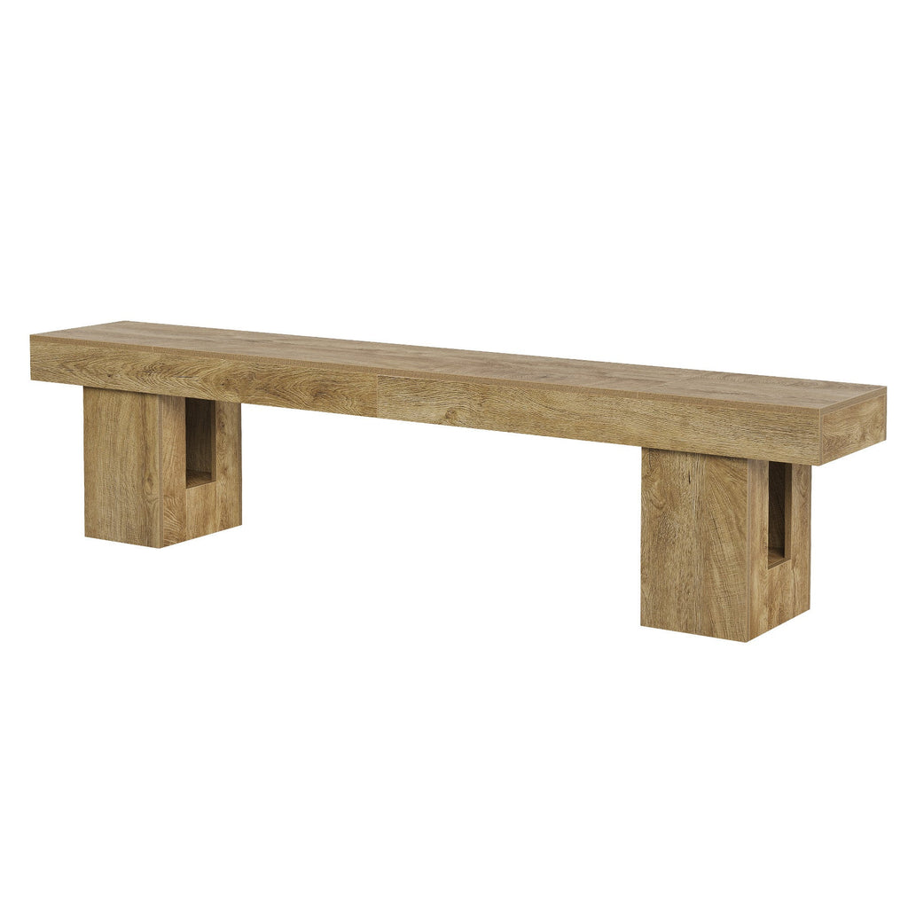 83 inch oak bench with block legs on a plain background