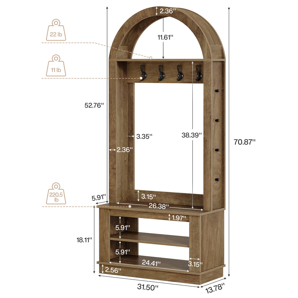 Dimension diagram: 31.5 in wide, 13.78 in deep, 70.87 in tall with 22, 11 and 220.5 lb capacity badges