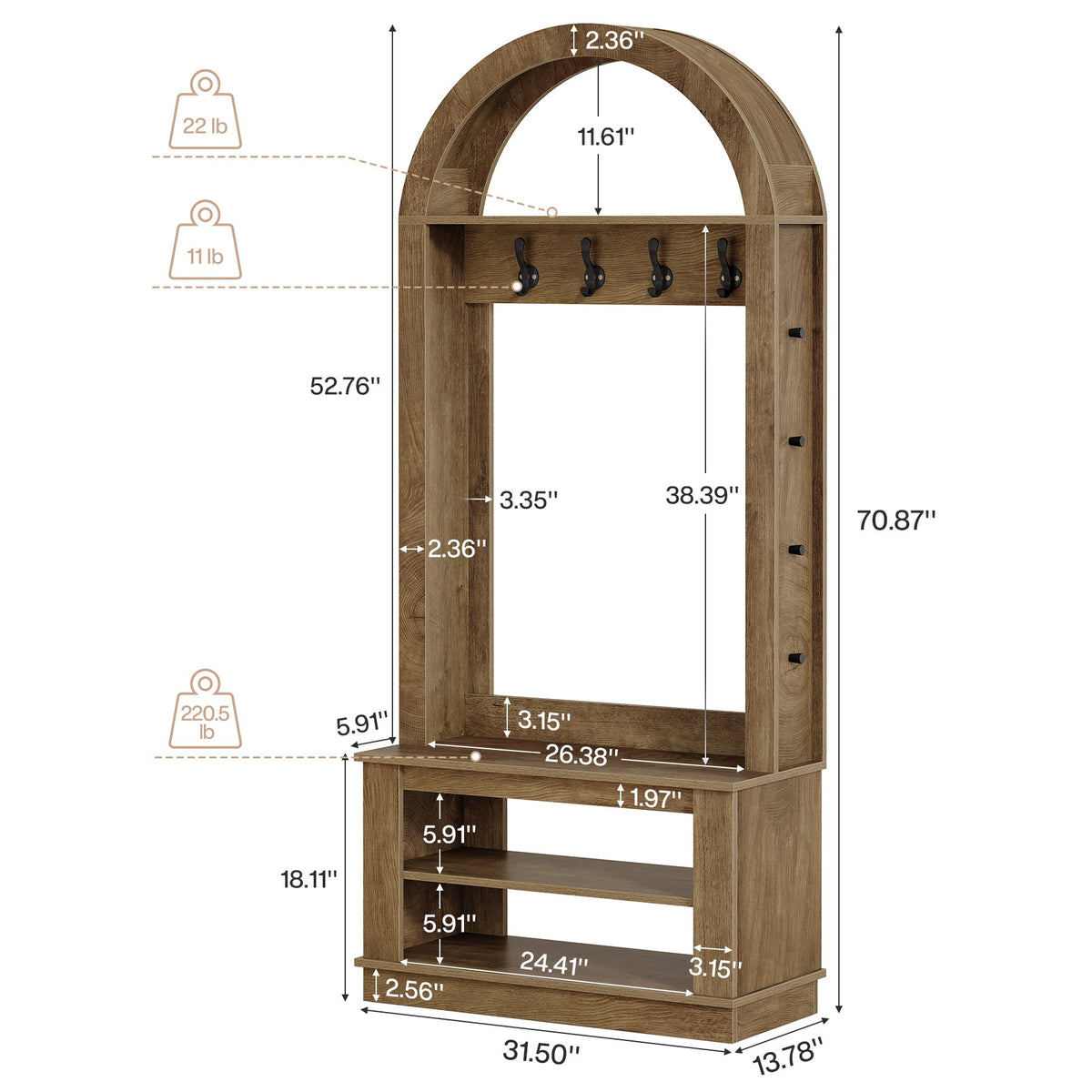 Dimension diagram: 31.5 in wide, 13.78 in deep, 70.87 in tall with 22, 11 and 220.5 lb capacity badges