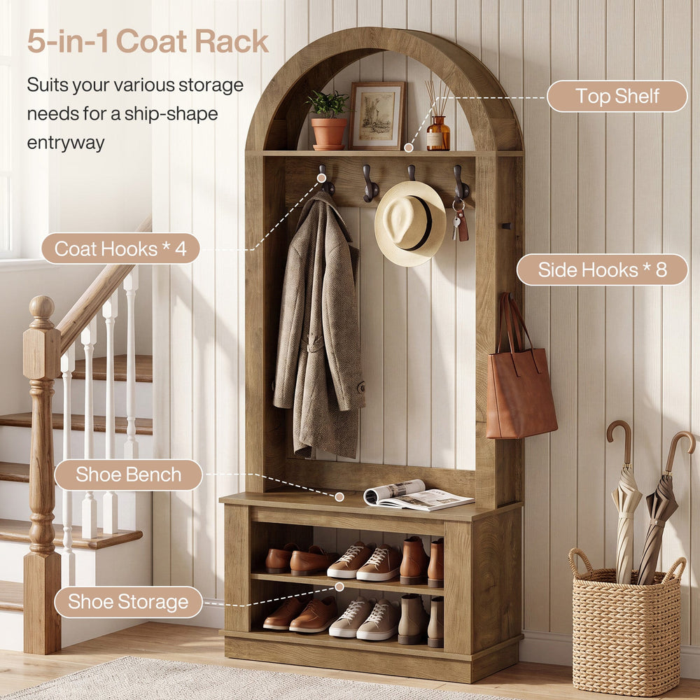 Labeled 5-in-1 overview: top shelf, 4 coat hooks, 8 side hooks, shoe bench and shoe storage