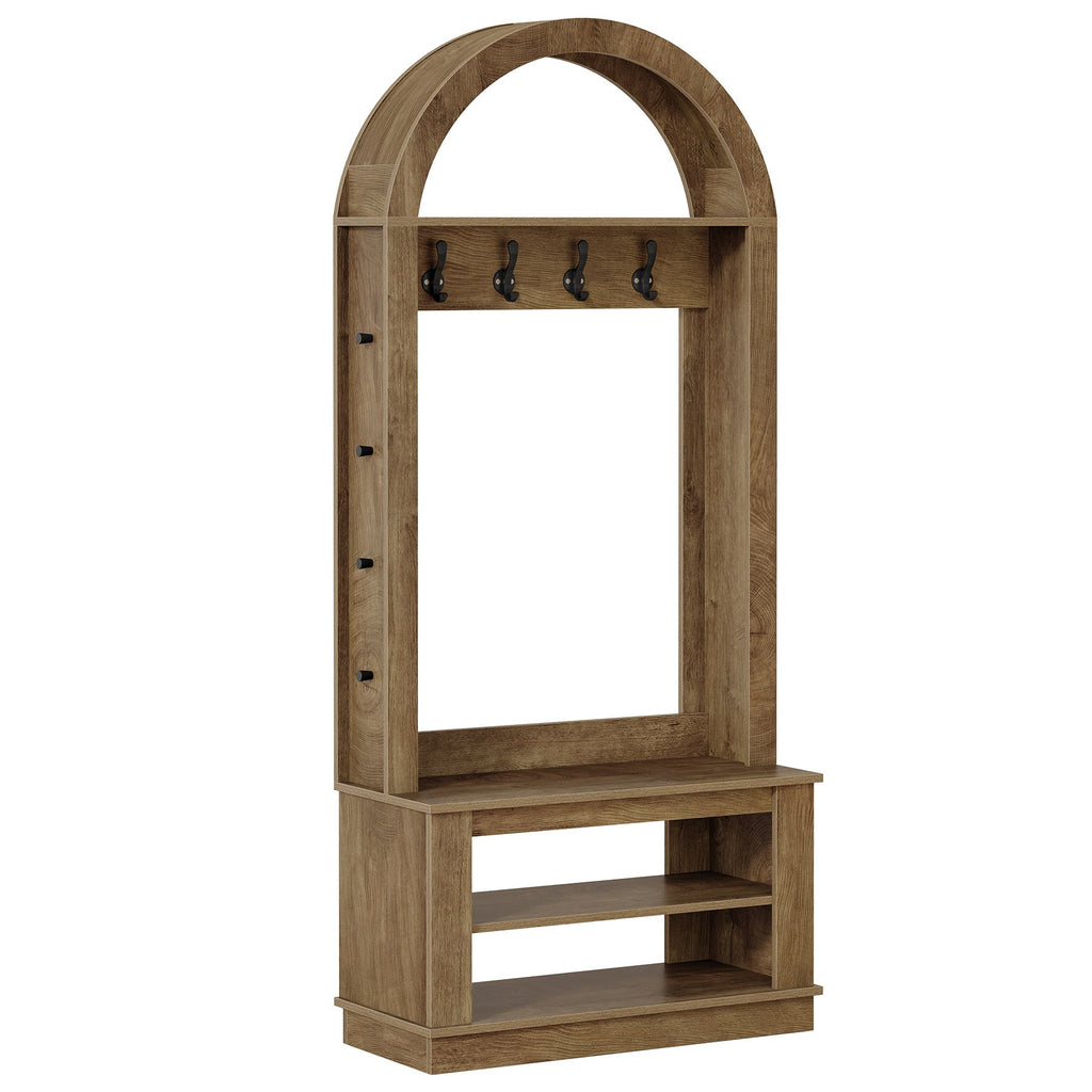 Arched hall tree on a white background showing the bench and shelf frame
