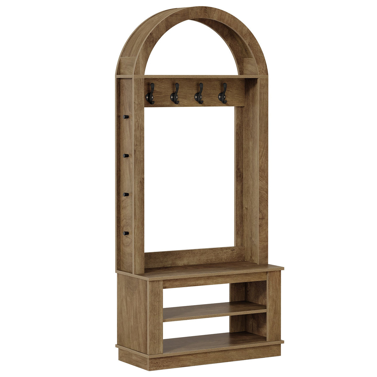 Arched hall tree on a white background showing the bench and shelf frame