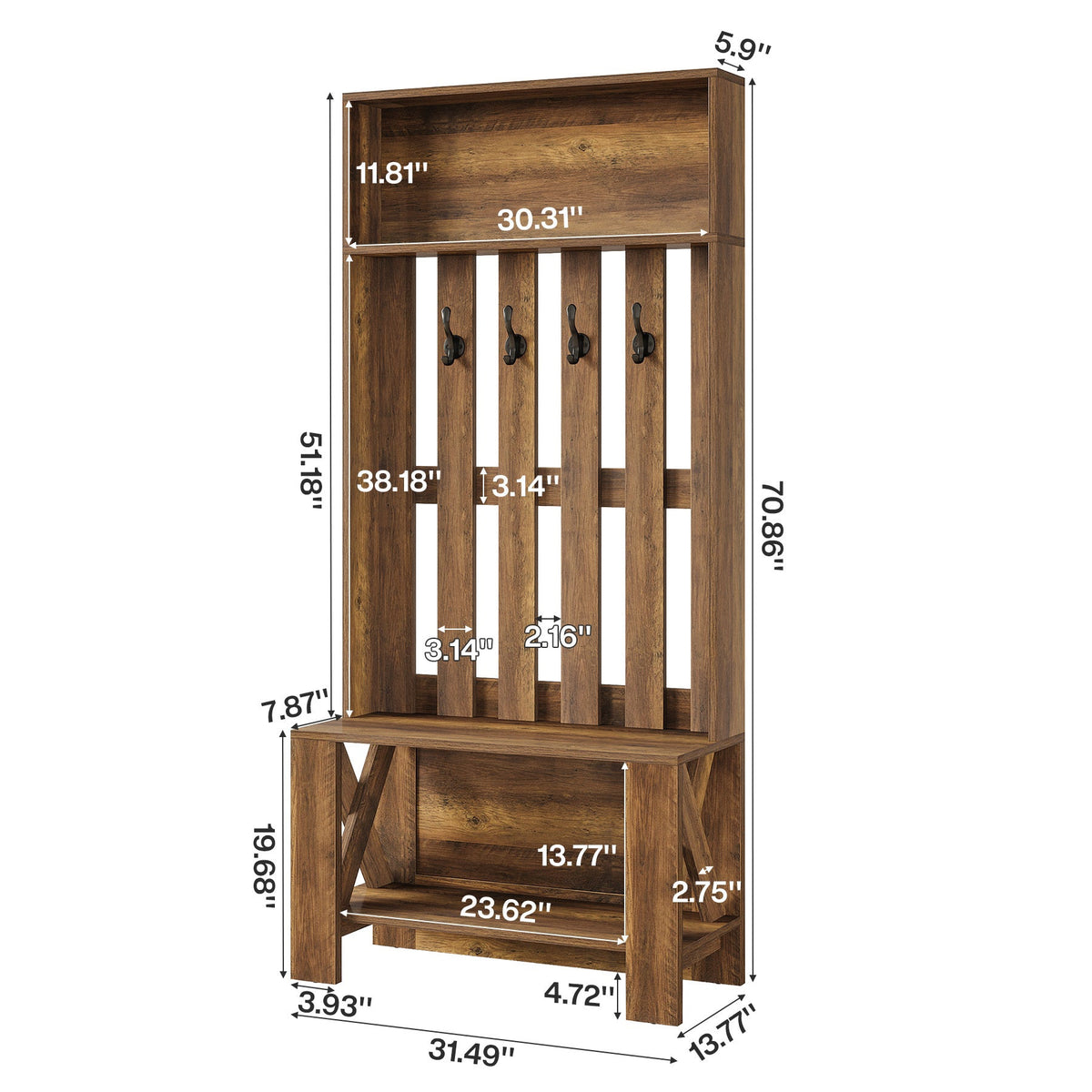 Dimension diagram: 31.49 in wide, 13.77 in deep, 70.86 in tall with 30.31 in cubby and 19.68 in bench