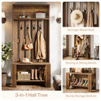 Feature graphic: 3-in-1 hall tree with stronger metal hooks, sitting bench and sturdy storage shelves