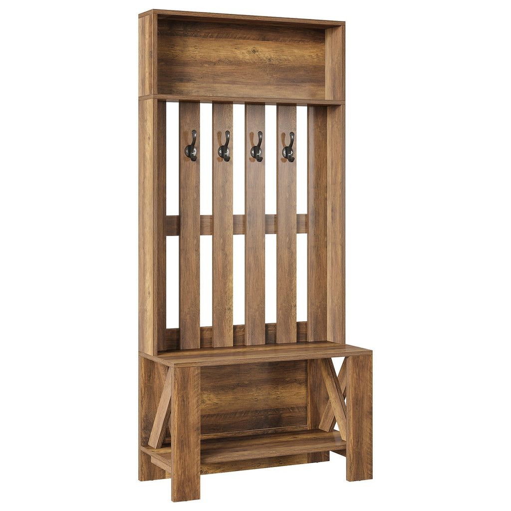 Rustic brown hall tree with bench and four hooks on a white background