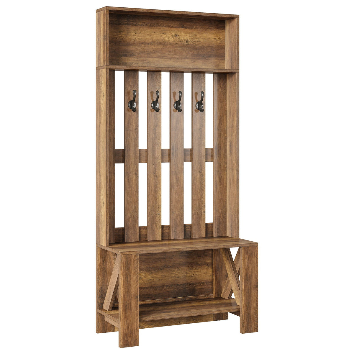 Rustic brown hall tree with bench and four hooks on a white background