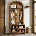 Stowena rustic brown arched hall tree with coats hung and shoes stored below