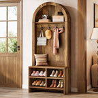 Arched hall tree beside a front door with a scarf and bag on the hooks