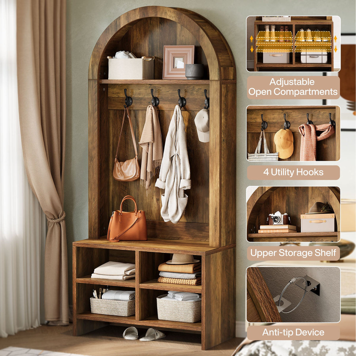 Adjustable compartments, 4 utility hooks, upper shelf and anti-tip device callouts
